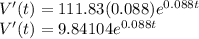 V'(t)=111.83(0.088) e^{0.088 t}\\V'(t)=9.84104 e^{0.088 t}