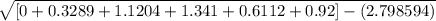 \sqrt{[0+0.3289+1.1204+1.341+0.6112+0.92]-(2.798594)}