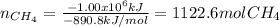 n_{CH_4}=\frac{-1.00x10^6kJ}{-890.8kJ/mol}= 1122.6molCH_4