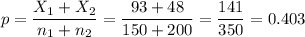 p=\dfrac{X_1+X_2}{n_1+n_2}=\dfrac{93+48}{150+200}=\dfrac{141}{350}=0.403