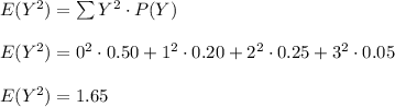 E(Y^2) = \sum Y^2 \cdot P(Y) \\\\E(Y^2) = 0^2 \cdot 0.50 + 1^2 \cdot 0.20 + 2^2 \cdot 0.25 + 3^2 \cdot 0.05\\\\E(Y^2) = 1.65