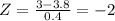 Z = \frac{3-3.8}{0.4} = - 2
