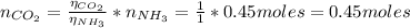 n_{CO_{2}} = \frac{\eta_{CO_{2}}}{\eta_{NH_{3}}}*n_{NH_{3}} = \frac{1}{1}*0.45 moles} = 0.45 moles