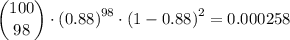\dbinom{100}{98}\cdot \left (0.88\right )^{98 }\cdot \left (1-0.88\right )^{2} = 0.000258