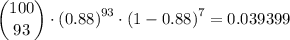 \dbinom{100}{93}\cdot \left (0.88\right )^{93 }\cdot \left (1-0.88\right )^{7} = 0.039399