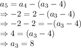 a_5=a_{4}-(a_{3}-4)\\\Rightarrow -2=2-(a_{3}-4)\\\Rightarrow -2-2=-(a_{3}-4)\\\Rightarrow 4=(a_{3}-4)\\\Rightarrow a_{3}=8