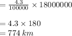 =\frac{4.3}{100000}  \times 18000000 \\  \\  = 4.3 \times 180 \\  = 774 \: km