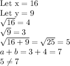 \text{Let x}=16\\\text{Let y}=9\\\sqrt{16}=4\\\sqrt{9}=3\\\sqrt{16+9}=\sqrt{25}=5\\a+b=3+4=7\\5\neq 7