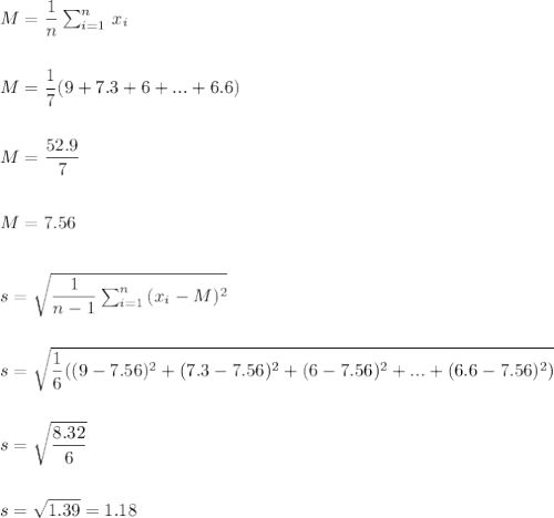 M=\dfrac{1}{n}\sum_{i=1}^n\,x_i\\\\\\M=\dfrac{1}{7}(9+7.3+6+. . .+6.6)\\\\\\M=\dfrac{52.9}{7}\\\\\\M=7.56\\\\\\s=\sqrt{\dfrac{1}{n-1}\sum_{i=1}^n\,(x_i-M)^2}\\\\\\s=\sqrt{\dfrac{1}{6}((9-7.56)^2+(7.3-7.56)^2+(6-7.56)^2+. . . +(6.6-7.56)^2)}\\\\\\s=\sqrt{\dfrac{8.32}{6}}\\\\\\s=\sqrt{1.39}=1.18\\\\\\