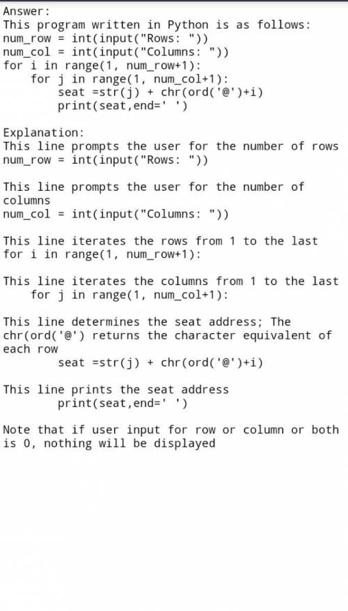 Given num_rows and num_cols, print a list of all seats in a theater. Rows are numbered, columns lett