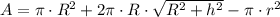 A = \pi \cdot R^{2} + 2\pi\cdot R \cdot \sqrt{R^{2}+h^{2}} - \pi \cdot r^{2}