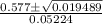 \frac{0.577\pm\sqrt{0.019489}}{0.05224}