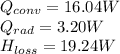 Q_{conv} = 16.04 W\\Q_{rad} = 3.20 W\\H_{loss} = 19.24 W