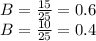 B=\frac{15}{25}=0.6\\B=\frac{10}{25}=0.4