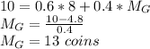 10=0.6*8+0.4*M_G\\M_G=\frac{10-4.8}{0.4}\\M_G=13\ coins