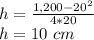 h=\frac{1,200-20^2}{4*20}\\h=10\ cm