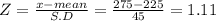 Z = \frac{x-mean}{S.D} = \frac{275-225}{45} = 1.11