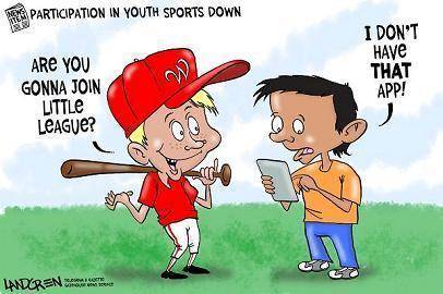 Study the editorial cartoon Participation in Youth Sports Down by Dan Landgren Jr. A boy in a baseba
