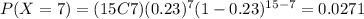 P(X=7)=(15C7)(0.23)^7 (1-0.23)^{15-7}=0.0271