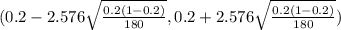 (0.2 - 2.576 \sqrt{\frac{0.2(1-0.2)}{180} } , 0.2+ 2.576 \sqrt{\frac{0.2 (1-0.2 )}{180} } )