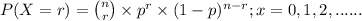P(X = r) = \binom{n}{r}\times p^{r} \times (1-p)^{n-r}; x = 0,1,2,......