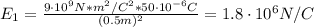 E_{1} = \frac{9 \cdot 10^{9} N*m^{2}/C^{2}*50 \cdot 10^{-6} C}{(0.5 m)^{2}} = 1.8 \cdot 10^{6} N/C