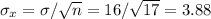 \sigma_x=\sigma/\sqrt{n} =16/\sqrt{17} =3.88