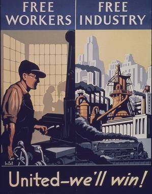 The speech connects factory work to the war by thanking workers in various American industries, wher