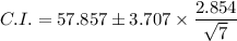 C. I. = 57.857 \pm 3.707 \times \dfrac{2.854}{\sqrt{7} }