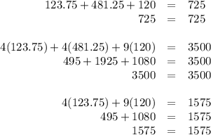 \begin{array}{rcl}\\123.75 + 481.25 + 120 &=&725\\ 725 & = & 725\\&&\\4(123.75) + 4(481.25) + 9(120) &=& 3500\\495 + 1925  + 1080& =& 3500\\3500 &=& 3500\\&&\\4(123.75) + 9(120)  &=& 1575\\495 + 1080&=& 1575\\1575&=& 1575\\\end{array}