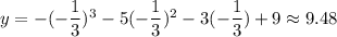 y=-(-\dfrac{1}{3})^3-5(-\dfrac{1}{3})^2-3(-\dfrac{1}{3})+9\approx 9.48