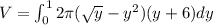 V=\int_{0}^{1}2\pi(\sqrt{y}-y^2)(y+6)dy
