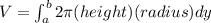 V=\int_{a}^{b}2\pi(height)(radius)dy