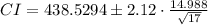 CI=438.5294\pm 2.12\cdot\frac{14.988}{\sqrt{17}}