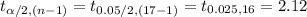 t_{\alpha /2, (n-1)}=t_{0.05/2, (17-1)}=t_{0.025, 16}=2.12