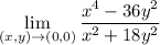 \displaystyle\lim_{(x,y)\to(0,0)}\frac{x^4-36y^2}{x^2+18y^2}