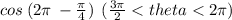cos \: (2\pi \:  -  \frac{\pi}{4} ) \:  \: ( \frac{3\pi}{2}  < theta < 2\pi)