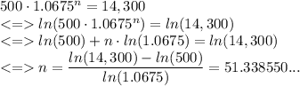 500\cdot1.0675^n=14,300\\ ln (500\cdot1.0675^n)=ln(14,300)\\ln(500)+n\cdot ln(1.0675)=ln(14,300)\\ n= \dfrac{ln(14,300)-ln(500)}{ln(1.0675)}=51.338550...\\