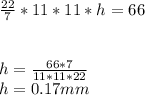 \frac{22}{7}*11*11*h=66\\\\\\h=\frac{66*7}{11*11*22}\\h=0.17 mm