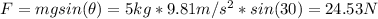 F = mgsin(\theta) = 5 kg*9.81 m/s^{2}*sin(30) = 24.53 N