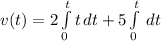 v(t) = 2\int\limits^{t}_{0} {t} \, dt + 5\int\limits^{t}_{0}\, dt