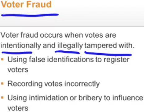 Which are examples of voter fraud? Check all that apply. 1. using fake identification to vote 2. ref