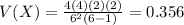V(X) = \frac{4(4)(2)(2)}{6^2(6-1)} = 0.356