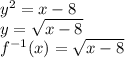 y^2 = x - 8\\y = \sqrt{x - 8}\\f^{-1}(x) = \sqrt{x - 8}