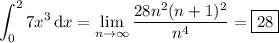 \displaystyle\int_0^27x^3\,\mathrm dx=\lim_{n\to\infty}\frac{28n^2(n+1)^2}{n^4}=\boxed{28}