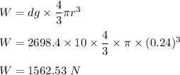 W=dg\times \dfrac{4}{3}\pi r^3\\\\W=2698.4\times 10\times \dfrac{4}{3}\times \pi \times (0.24)^3\\\\W=1562.53\ N