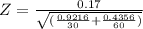 Z = \frac{0.17}{\sqrt{(\frac{0.9216} {30}  +\frac{0.4356}{60} )}}