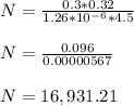 N = \frac{0.3*0.32}{1.26*10^{-6} * 4.5}\\\\N = \frac{0.096}{0.00000567} \\\\N = 16,931.21