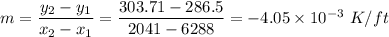 m = \dfrac{y_2-y_1}{x_2 - x_1} = \dfrac{303.71-286.5}{2041 - 6288}= -4.05 \times 10^{-3} \ K/ft