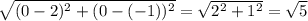 \sqrt{(0-2)^2+(0-(-1))^2}=\sqrt{2^2+1^2}=\sqrt{5}